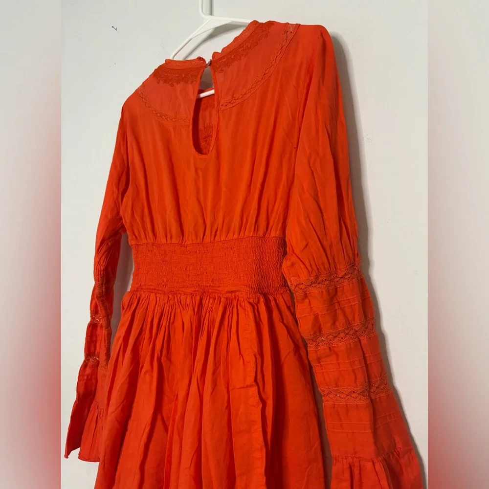 FREE PEOPLE BOHEMIAN CORAL RED EMBROIDERED MINI DRESS SZ 4